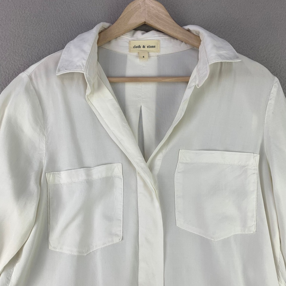 Cloth & Stone Anthropologie Button Down Shirt Womens S White Beach Tencel Pocket - Picture 2 of 11